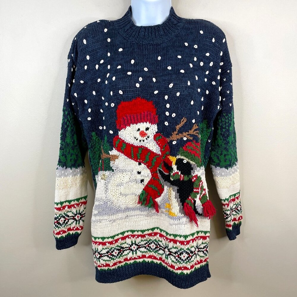 Vintage 90s‎ Snowman Baggy 3D Tunic Sweater Medium Christmas Holiday Winter AOP